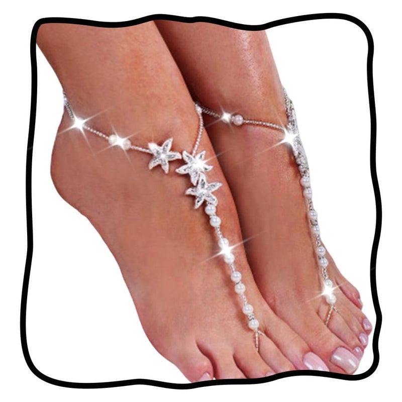 Nicute Boho Pearl Barefoot Sandals Anklet Rhinestone Silver Star Anklet Chain Wedding Summer Beach Foot Chain Jewelry for Women (2 Pieces) - Image 1